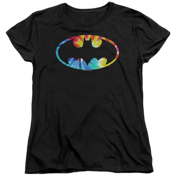 Black women's t-shirt with Tie Dye Batman Logo graphic