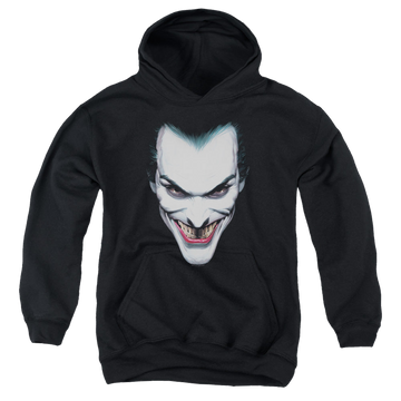 Black youth hoodie for ages 8 to 12 with Joker Portrait graphic