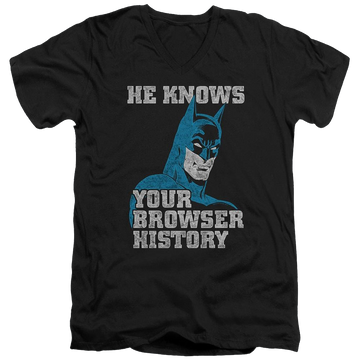 Black men's v-neck t-shirt with Batman Knows graphic