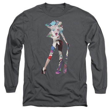 Charcoal men's long sleeve t-shirt with Harley Quinn Batman Scene Inside graphic