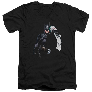 Black men's v-neck t-shirt with Batman Joker Choke graphic