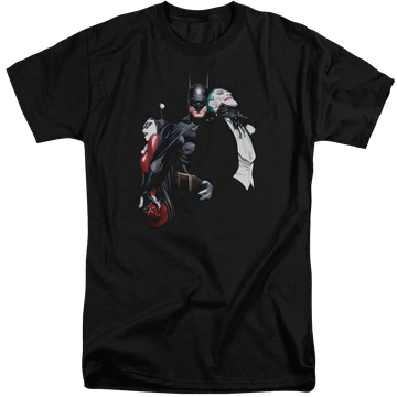Black men's tall fit t-shirt with Harley Quinn Batman Joker Harley Choke graphic