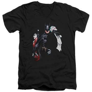 Black men's v-neck t-shirt with Harley Quinn Batman Joker Harley Choke graphic