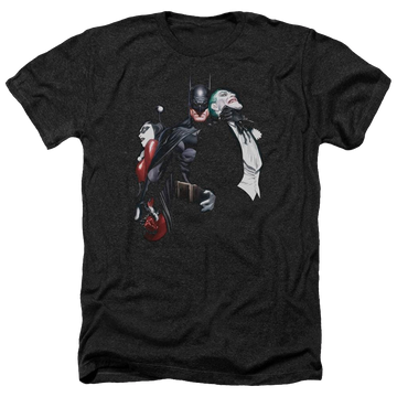 Charcoal men's heather t-shirt with Harley Quinn Batman Joker Harley Choke graphic