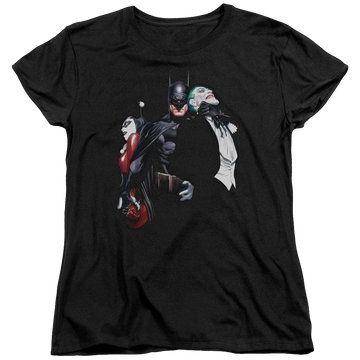 Black women's t-shirt with Harley Quinn Batman Joker Harley Choke graphic