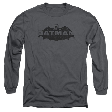 Charcoal men's long sleeve t-shirt with Batman Newsprint Logo graphic