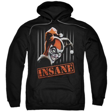 Black pullover hoodie with Harley Quinn Batman Insane graphic