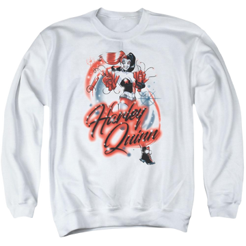 White men's crewneck sweatshirt with Harley Quinn Batman Harley Airbrush graphic