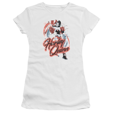 White juniors t-shirt with Harley Quinn Batman Harley Airbrush graphic
