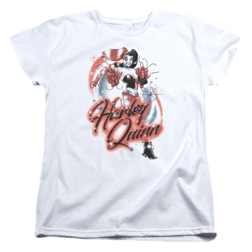 White women's t-shirt with Harley Quinn Batman Harley Airbrush graphic