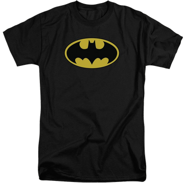 Black men's tall fit t-shirt with DC Batman Batman Classic Logo graphic