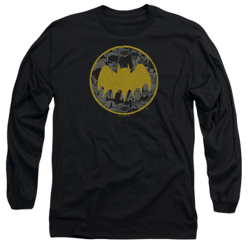 Charcoal men's long sleeve t-shirt with Batman Vintage Symbol Collage graphic