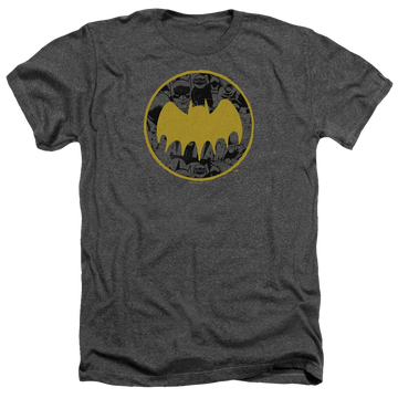 Charcoal men's heather t-shirt with DC Batman Vintage Symbol Collage graphic