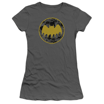 Charcoal juniors t-shirt with DC Batman Vintage Symbol Collage graphic