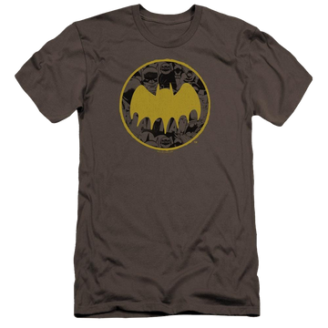Charcoal men's premium slim fit t-shirt with Batman Vintage Symbol Collage graphic