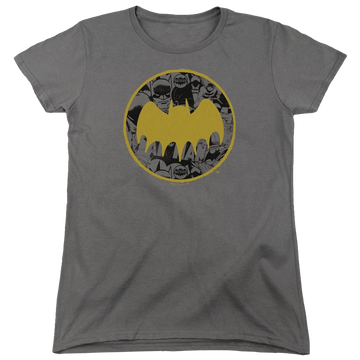 Charcoal women's t-shirt with Batman Vintage Symbol Collage graphic