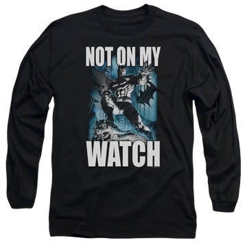 Black men's long sleeve t-shirt with Batman Not On My Watch graphic