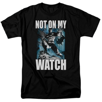 Black men's regular fit t-shirt with Batman Not On My Watch graphic