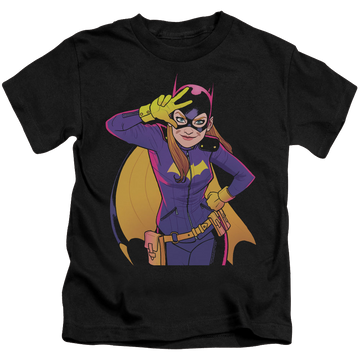 Black kid's t-shirt for ages 4 to 7 with Batman Batgirl Moves graphic