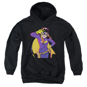 Black youth hoodie for ages 8 to 12 with Batman Batgirl Moves graphic
