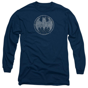 Navy men's long sleeve t-shirt with Batman Starry Night Shield graphic