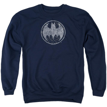 Navy men's crewneck sweatshirt with Batman Starry Night Shield graphic