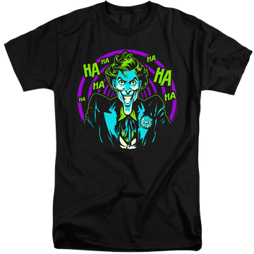 Black men's tall fit t-shirt with Joker Hahaha graphic