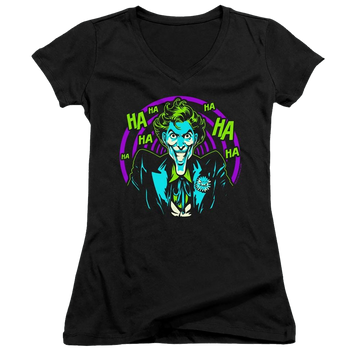 Black juniors v-neck t-shirt with Joker Hahaha graphic