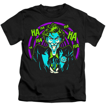 Black kid's t-shirt for ages 4 to 7 with Joker Hahaha graphic
