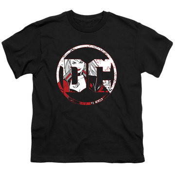 Black youth t-shirt for ages 8 to 12 with Harley Quinn Dc Logo Harley graphic
