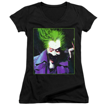 Black juniors v-neck t-shirt with Arkham Asylum Joker graphic