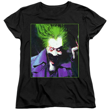 Black women's t-shirt with Arkham Asylum Joker graphic