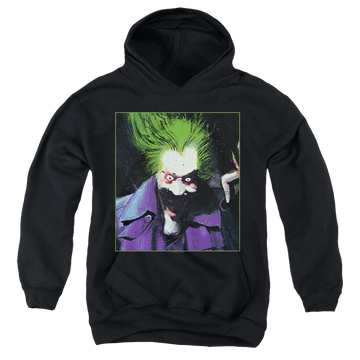 Black youth hoodie for ages 8 to 12 with Arkham Asylum Joker graphic