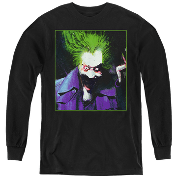 Black youth long sleeve t-shirt with Arkham Asylum Joker graphic