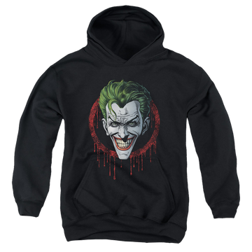 Black youth hoodie for ages 8 to 12 with Joker Drip graphic