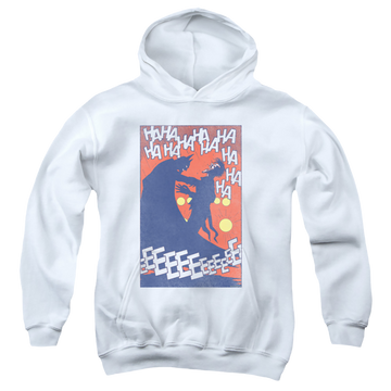 White youth hoodie for ages 8 to 12 with Joker Punchline graphic