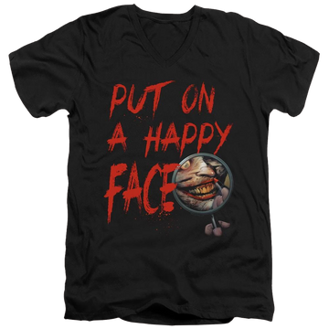 Black men's v-neck t-shirt with Joker Happy Face graphic
