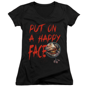 Black juniors v-neck t-shirt with Joker Happy Face graphic