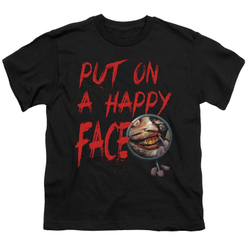 Black youth t-shirt for ages 8 to 12 with Joker Happy Face graphic