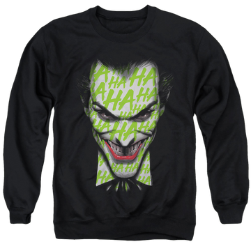 Black men's crewneck sweatshirt with Joker Ha Smile graphic