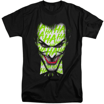 Black men's tall fit t-shirt with Joker Ha Smile graphic