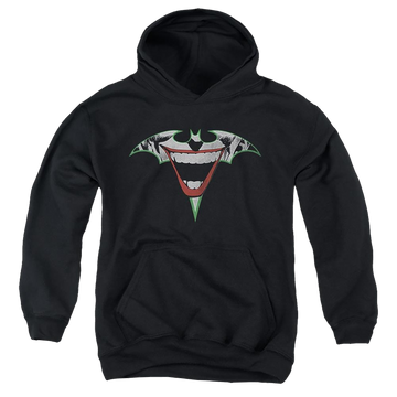 Black youth hoodie for ages 8 to 12 with Joker Bat Logo graphic