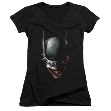 Black juniors v-neck t-shirt with Joker Batman Who Laughs Head graphic