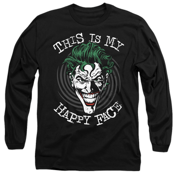 Black men's long sleeve t-shirt with Joker Maniacal Spiral graphic