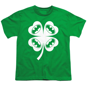 Kelly green youth t-shirt for ages 8 to 12 with Batman Bat Clover graphic