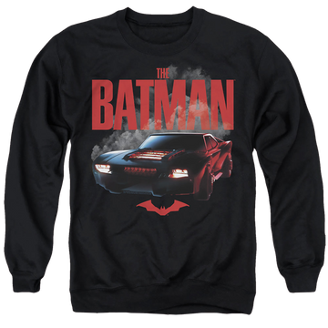 Black men's crewneck sweatshirt with The Batman (2022) Batmobile graphic