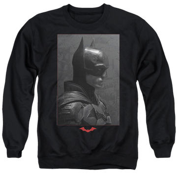 Black men's crewneck sweatshirt with The Batman (2022) Worn Portrait graphic