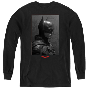 Black youth long sleeve t-shirt with The Batman (2022) Worn Portrait graphic