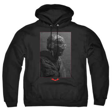 Black pullover hoodie with The Batman (2022) Riddler Worn Portrait graphic