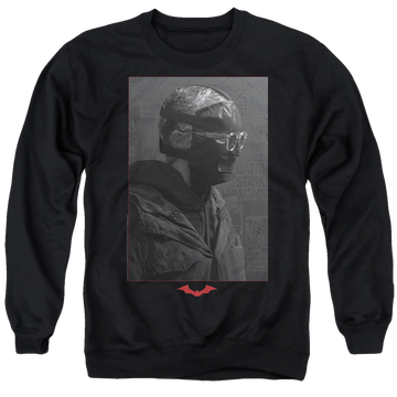 Black men's crewneck sweatshirt with The Batman (2022) Riddler Worn Portrait graphic